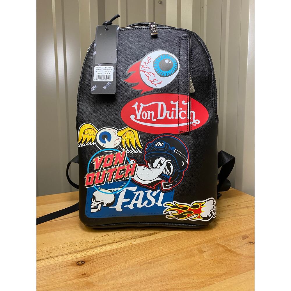 Von Dutch Black Vegan Black Multi-Patch Leather Backpack VDKBP-027 New Tags!